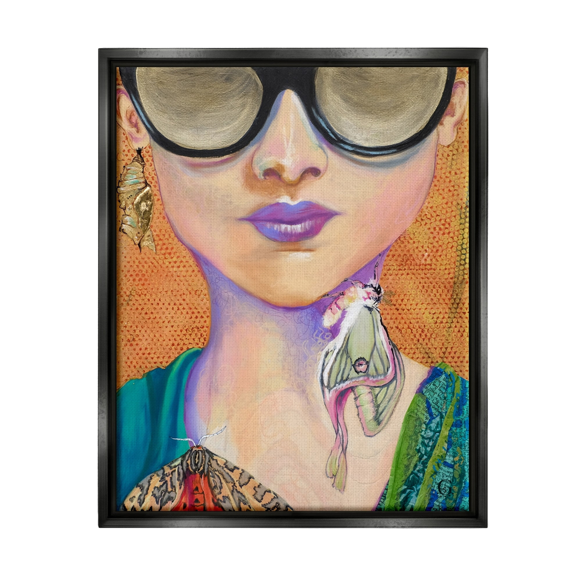 Stupell Industries Woman Wearing Butterfly Insect Jewelry Sunglasses Painting Painting Metallic Gold Floating Framed Canvas Print Wall Art, Design by Stacy Gresell