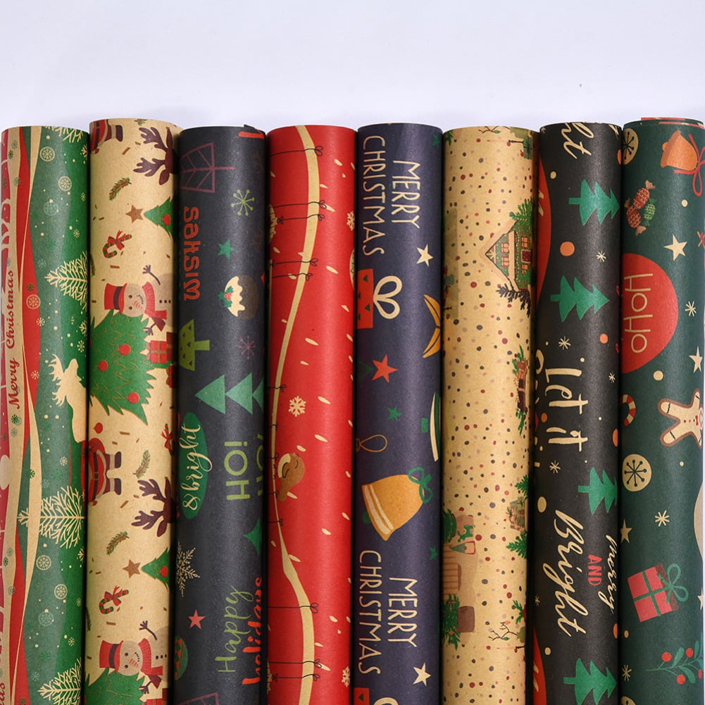 8 Roll Christmas Wrapping paper, Brown Kraft Paper with Red and Green  Pattern Christmas Elements Collection, 20x27 inches Per Roll 