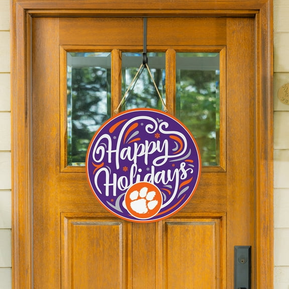 Clemson Tigers 18" Happy Holidays Wooden Round Door Sign