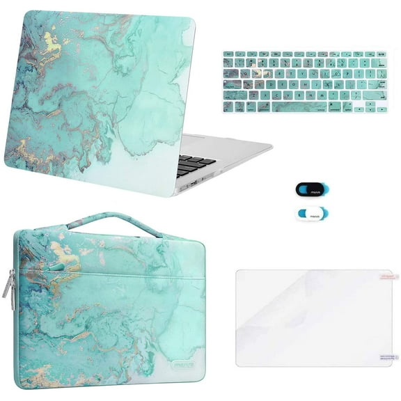 Mosiso 5IN1 Case for MacBook Air 13 inch Case (A1369 A1466, Older Version 2010-2017 Release), Plastic Hard Shell Case & Sleeve Bag & Keyboard Cover & Webcam Cover & Screen Protector, Green Marble