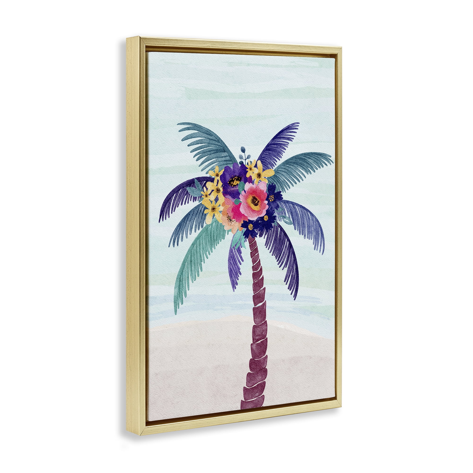 Stupell Industries Floral Palm Tree Beach Plants & Flowers Painting Gold Floater Framed Canvas Art Print Wall Art, 21 x 31