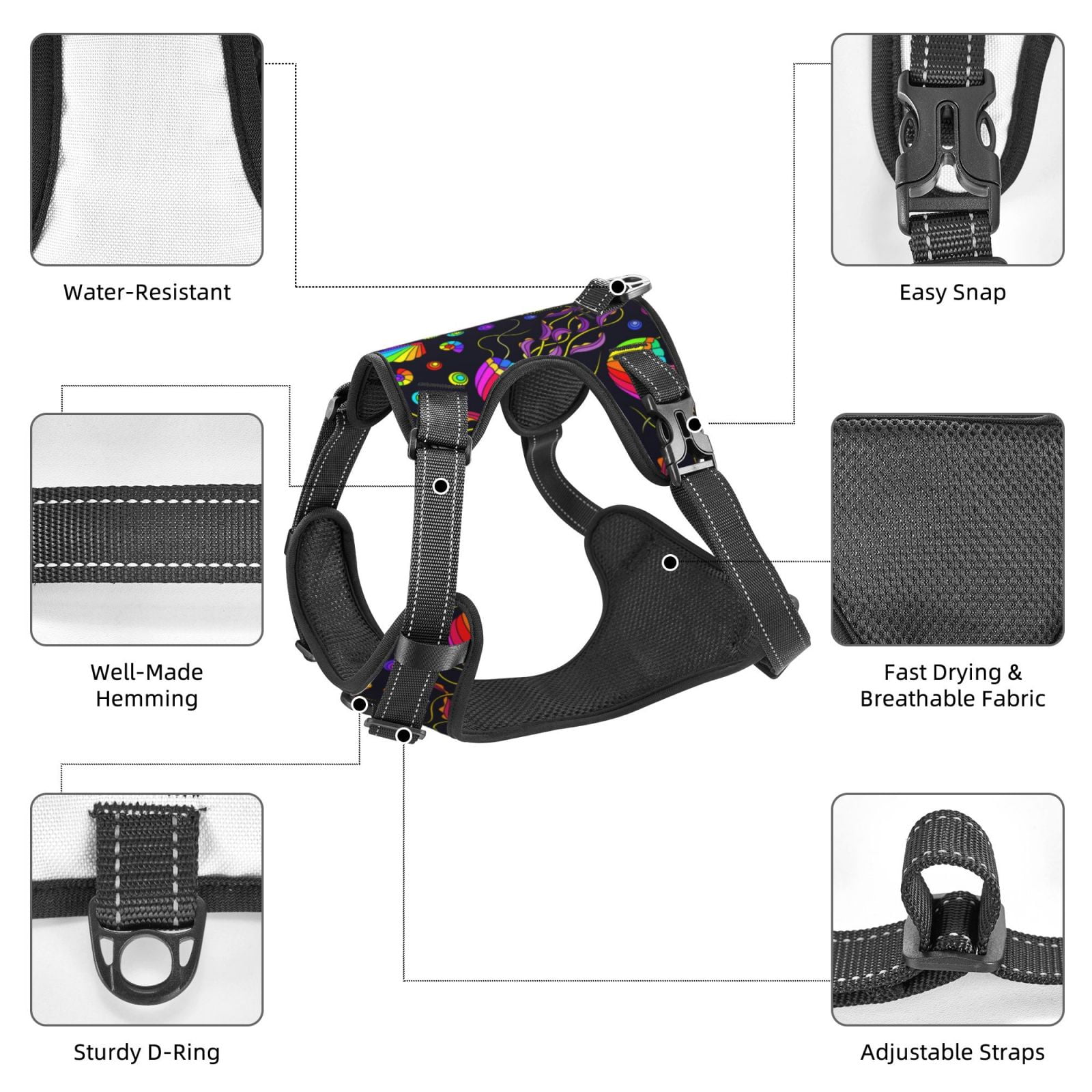 Vsdgher Rainbow Jellyfishes Pattern Dog Harness,No Pull Pet Harness with Soft Padded Handle,Adjustable Reflective Vest with 2 Buckles,4 Slide Buckles,S-XL Large