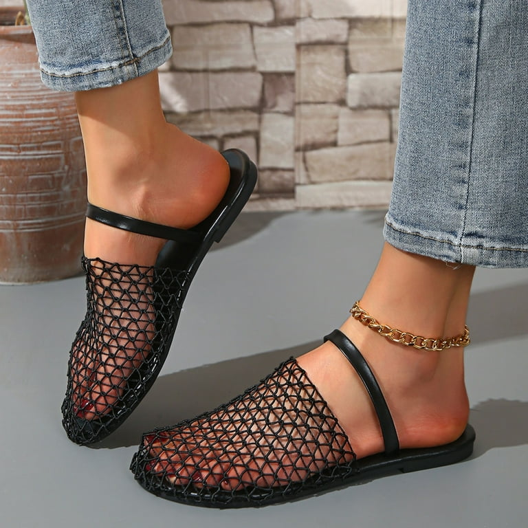 Fishnet Dressy Slides Sandals for Women Sexy Mesh Closed Toe Slingback Slip  on Mules Flats Dress Sandals