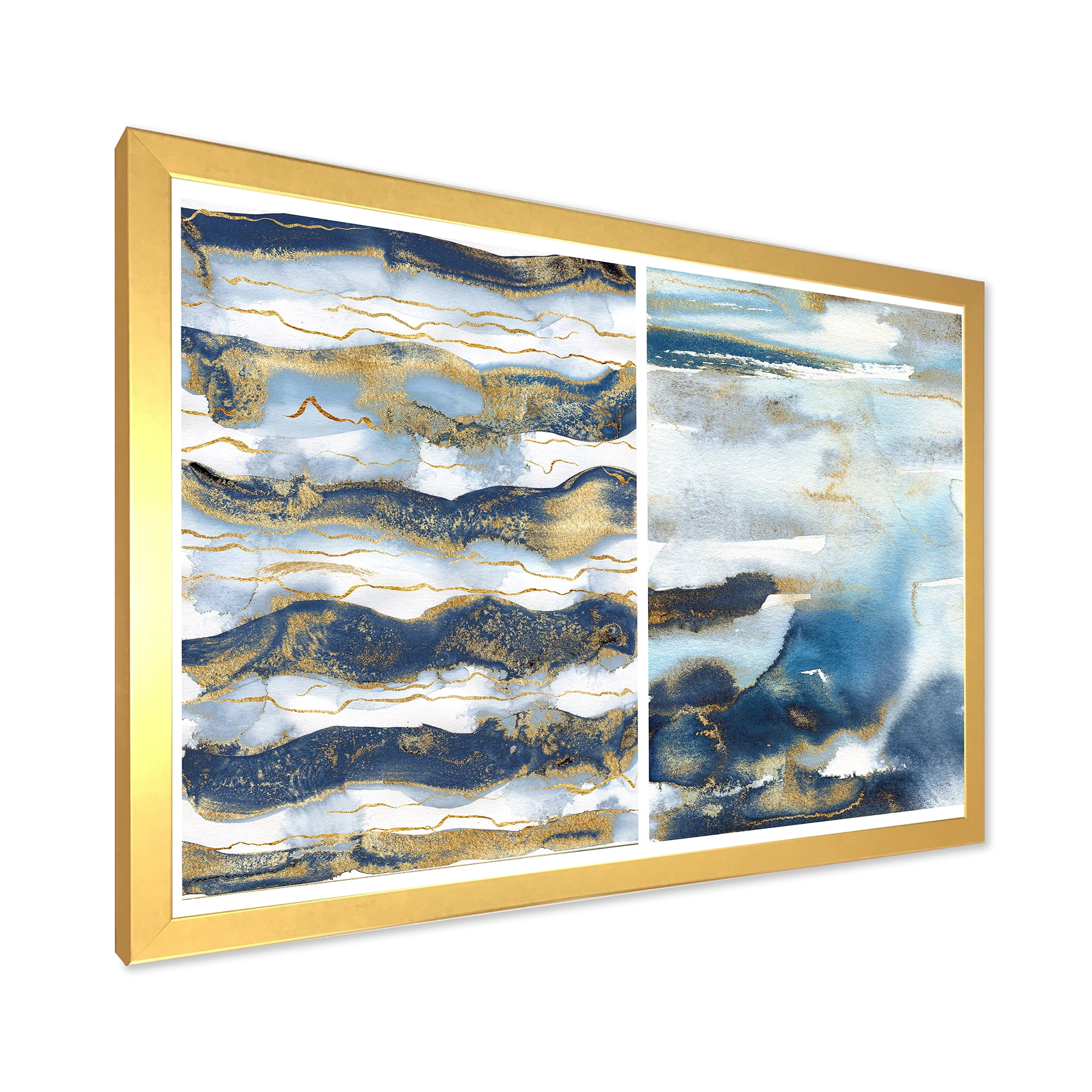 Designart 'Gold and Dark Blue Abstract Waves II' Modern Framed Art Print