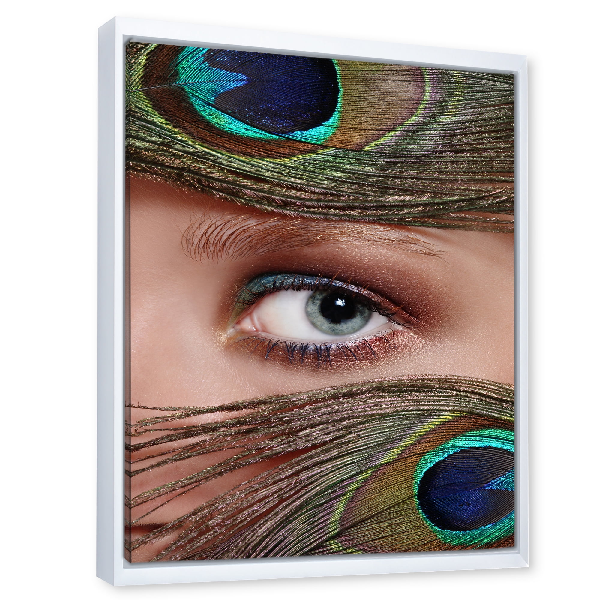 Designart 'Peacock Feathers and Eye' Bohemian & Eclectic Framed Canvas Wall Art Print