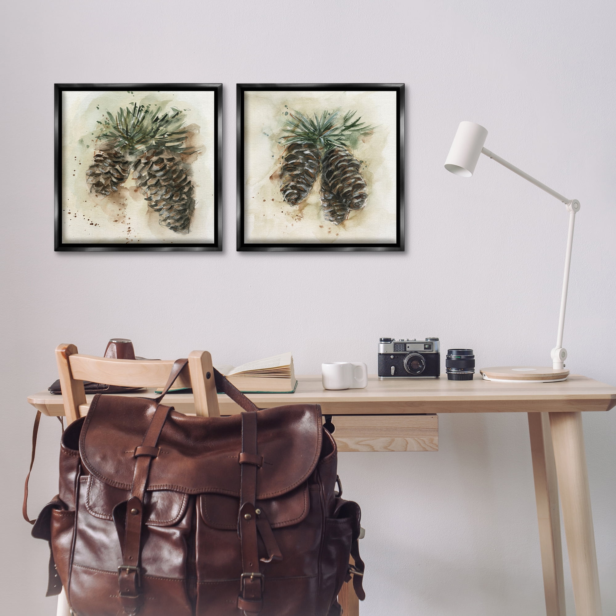 Stupell Industries Watercolor Drawing Pine Cones Plants & Flowers Painting Black Floater Framed Canvas Art Print Wall Art, 18 x 18, Set of 2
