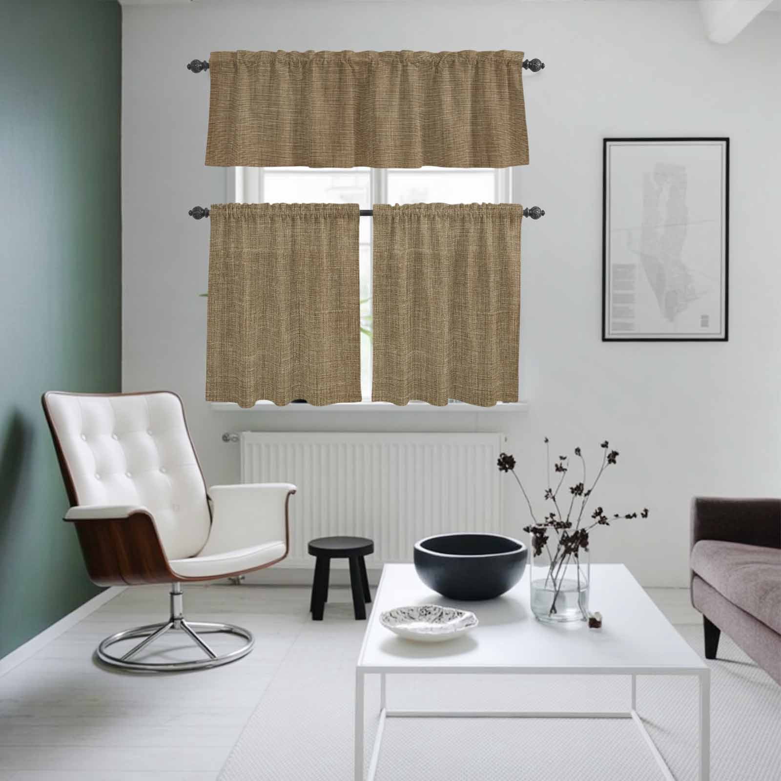 Vintage Brown Kitchen Curtains Sets for Windows 24 Inch Length, Farmhouse Retro Dark Solid Color Linen Texture Rod Pocket Window Treatments Tier Curtains and Valances Set for Bedroom/Bathroom