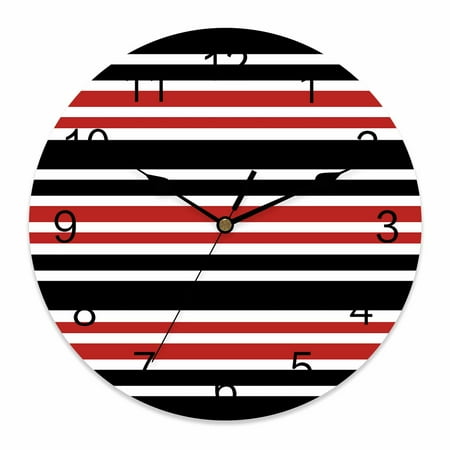 Wall Clock Red Black Stripes Clocks PVC Silent Non-Ticking Battery Operated Decorative Contrast Striped Round Clock for Home Living Room Kitchen Bedroom Office School Wall Decor 14 Inch