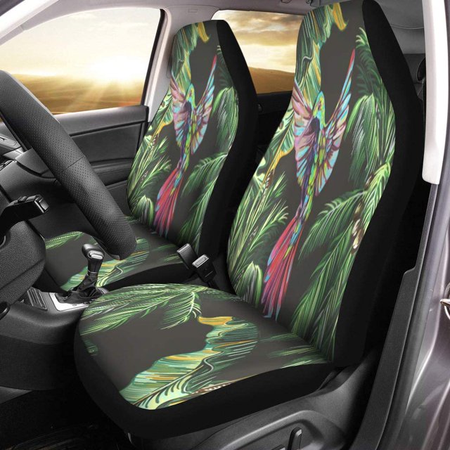 ABPHQTO Juego de 2 fundas para asientos de coche, palmeras, hojas de plátano, pájaros exóticos, loros, colibrí, Tropical, Universal, Protector de asientos delanteros para coche