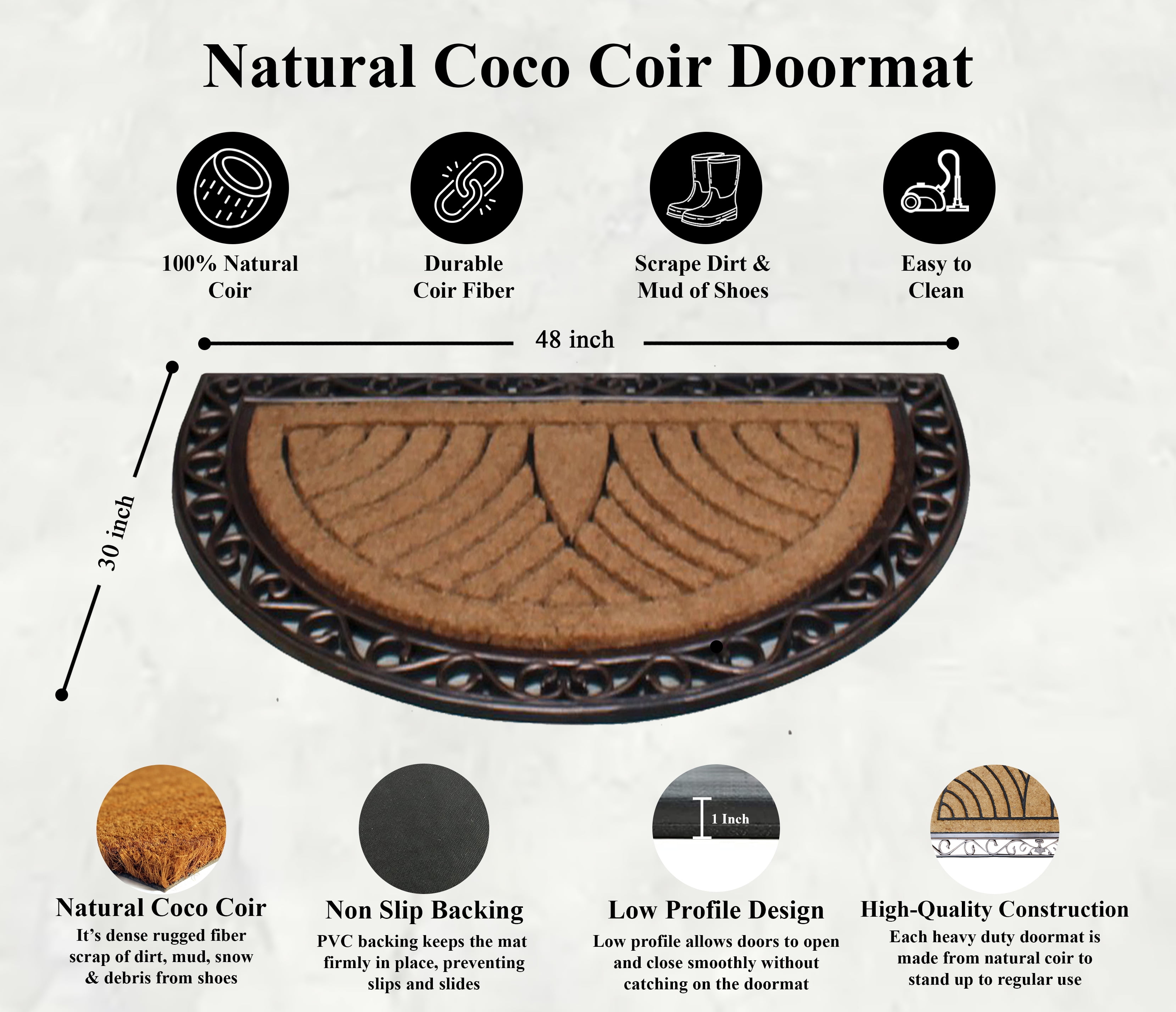 A1 Home Collections Natural Coir & Rubber Durable Anti-Shed Doormat, 30 x 48 Inch, Half Round Bronze