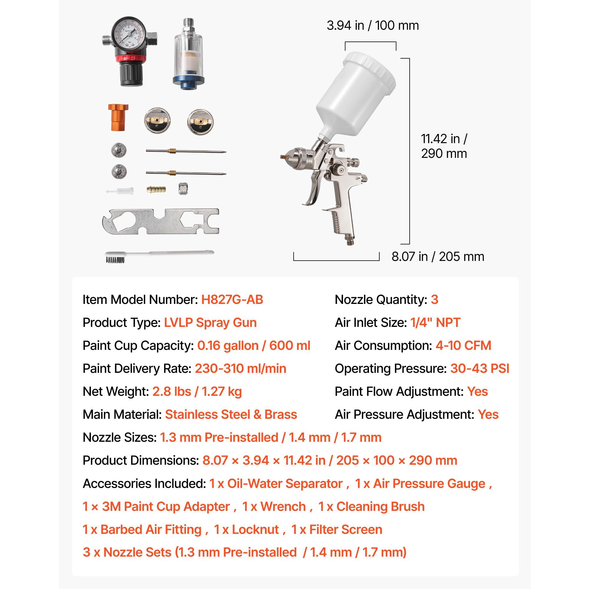 LVLP Air Spray Gun 3 Interchangeable Nozzles 1.3/1.4/1.7mm 600ml Cup 360° Rotating Cap for Automotive Furniture Home Improvement