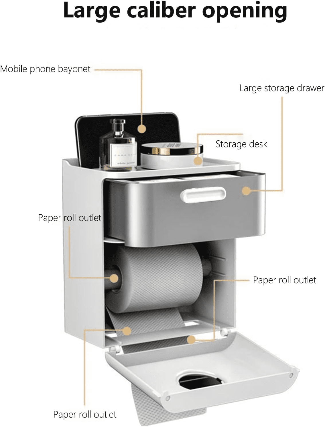 Wall Mounted Toilet Paper Holder with Drawer & Shelf, No-Drill Bathroom Tissue Box Organizer