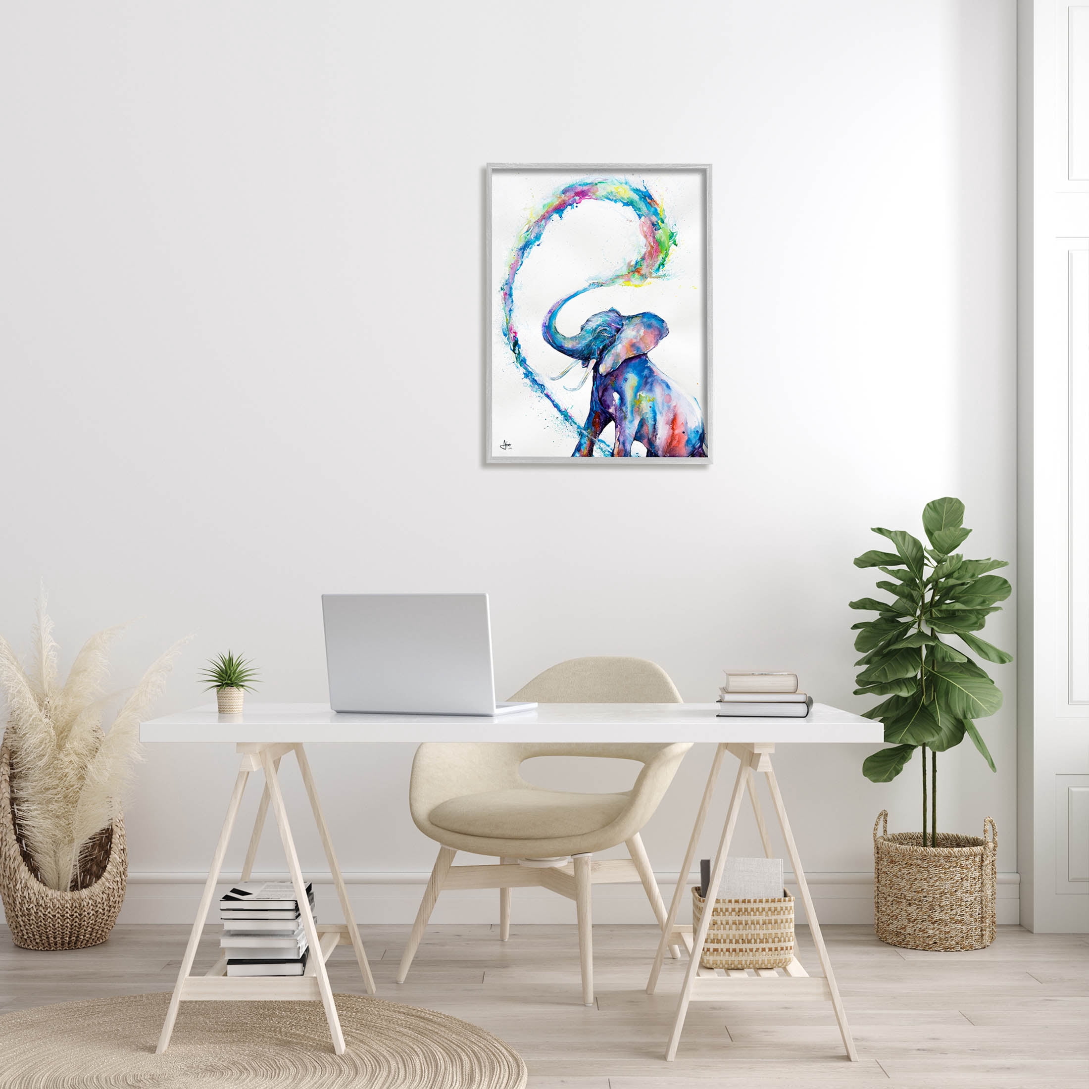Modern Rainbow Elephant Splash Animals & Insects Graphic Art Gray Framed Art Print Wall Art