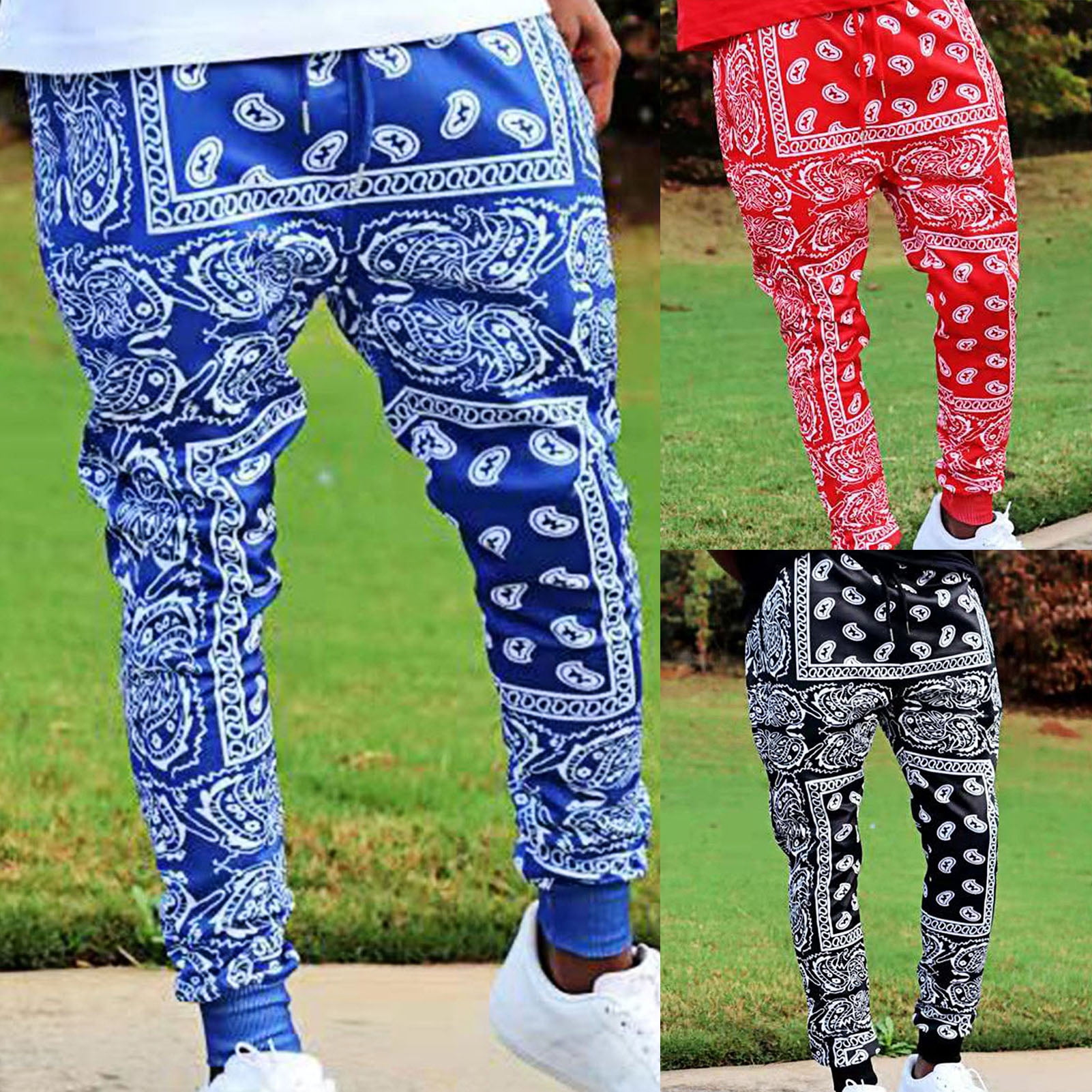 Pengc Men Pants Cashew Flower Print Thin Summer Full Length Mid Rise Trousers for Riding, Men's, Size: Medium, Blue
