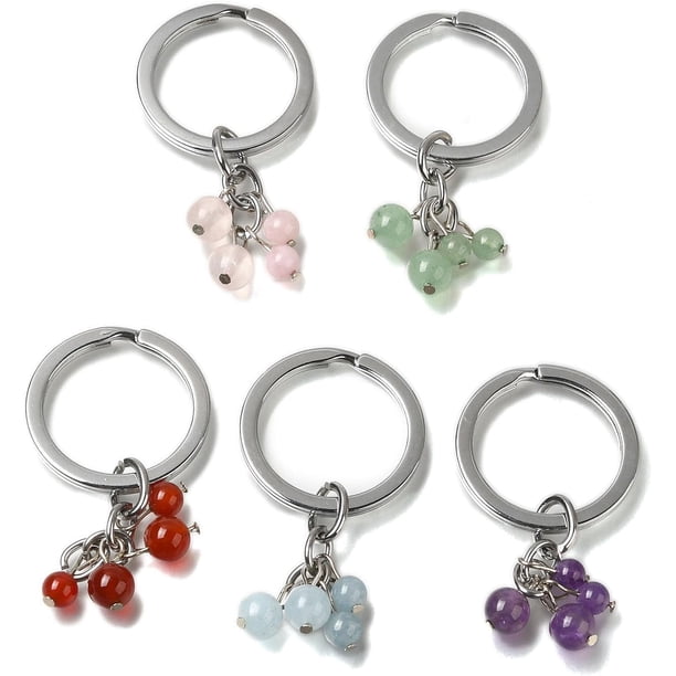 5 llaveros de aleación con cuentas de piedras preciosas planas y redondas con árbol de la vida para mujer, accesorios para llavero, bolso y mochila, adorno de 8,9 cm.