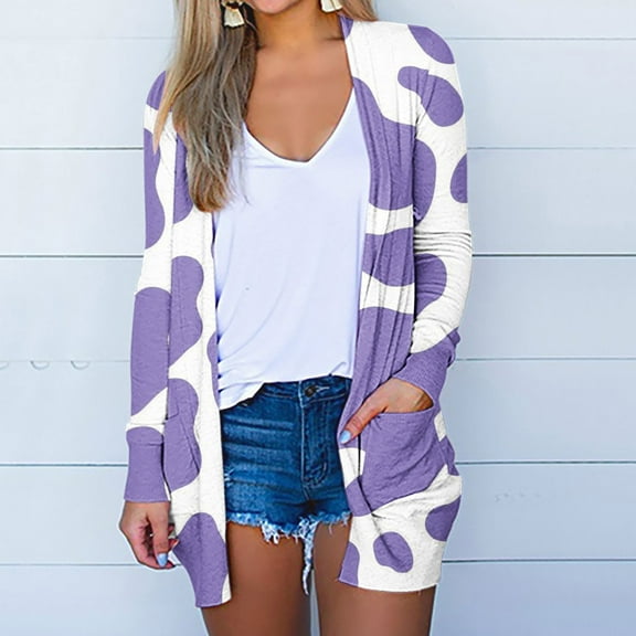 Usmixi Cardigan for Women Breathable Loose Comfy Fall Cute Open Front Ladies Cardigan Outerwear Tops with Pocket Cow Print Winter Long Sleeve Blouses Coats Saving