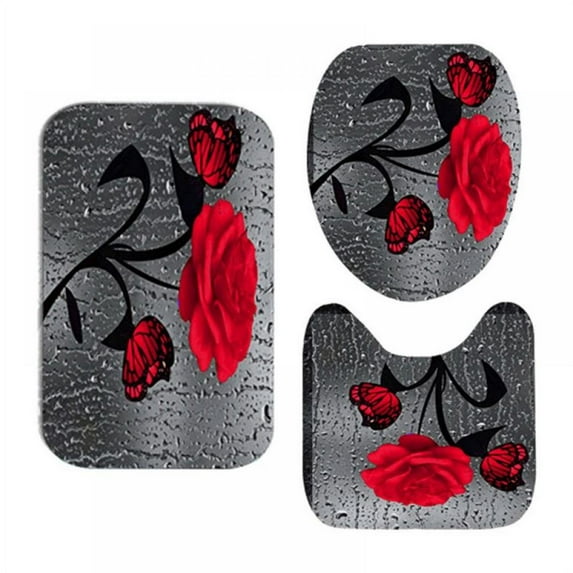 3 pcs 3D Printing Flower Waterproof Bathroom Shower Sets,Red( Non Slip Rugs,Toilet Lid Cover, Bath Mat)