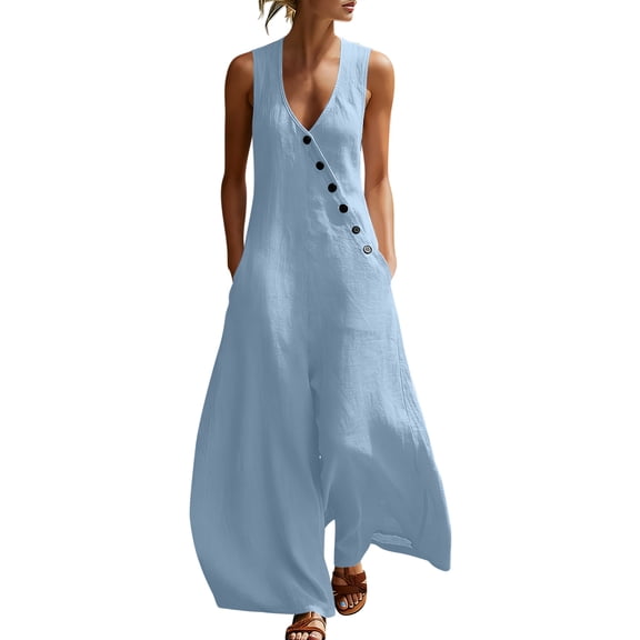 Guluxicc Womens Flowy Wide Leg Linen Jumpsuits Elegant Summer Sleeveless V Neck Rompers One Piece Beach Outfits with Pockets