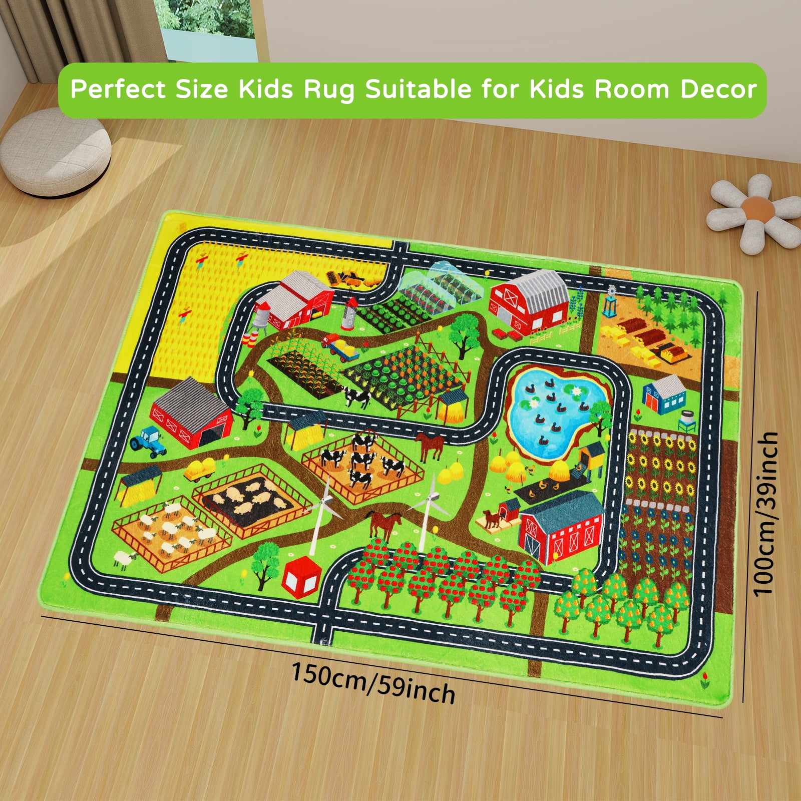 Kids Rug Car Rug for Toy Cars,Farm Life Road Traffic for Playroom Kid Car Road Rug Village Map Play Mat Non-Slip Washable Play Rug for Toddler Boy Family Tummy Time Playtime