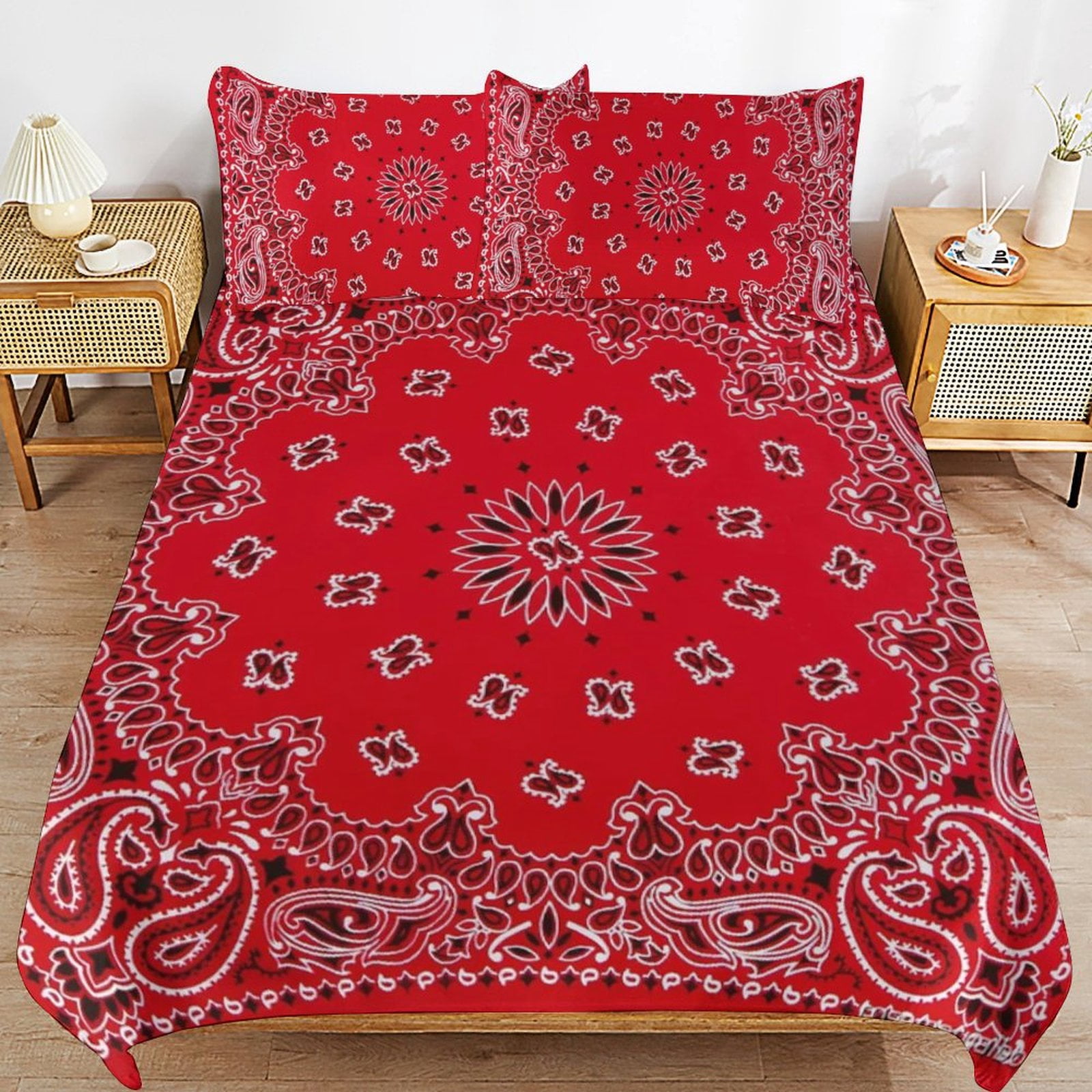 3 Pcs Soft Bedding Set, Includes 1 Duvet Cover with Zipper And 2 Pillow Shams,Bandana - Red Art Twin(86"x70")