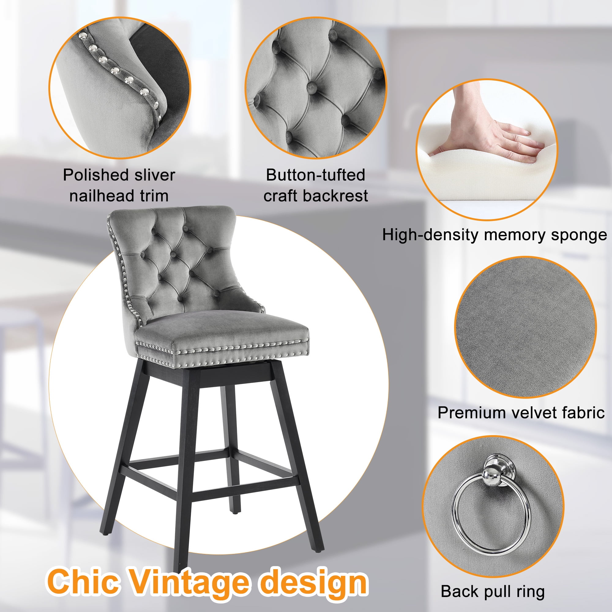 TEWLOSS 30" Swivel Bar Stools Set of 3, Gray Velvet Bar Height Chairs with Back for Home Pub
