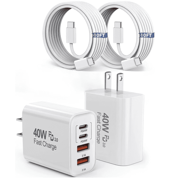 for iPhone 17 16 Charger,2Pack 10FT USB C to C Cable Cord 40W USB C iPhone Charger 4 Port PD&AC Charger Block Fast Charging Compatible with iPhone 17/17 Air/17 Pro/17 Pro Max/16 Pro