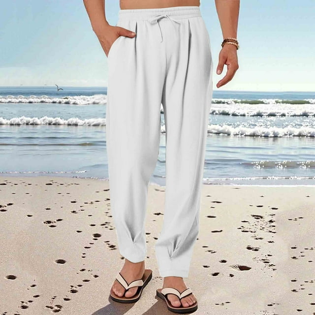 Men's Casual Linen-Look Polyester Drawstring Waist Pants with Pockets for Daily Wear