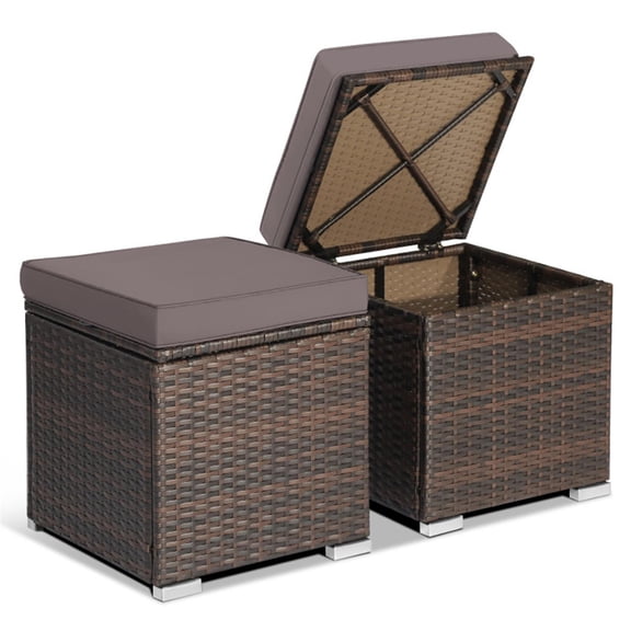 Spaco 2 Pieces Outdoor Fade-Resistant Wicker Patio Ottoman with Removable Cushions for Garden, Balcony, Poolside, Gray