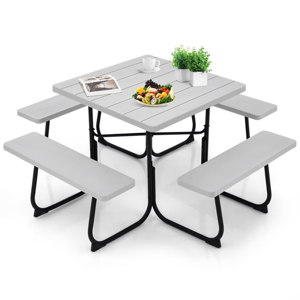 Aimee Lii Outdoor Picnic Table with 4 Benches and Umbrella Hole, Outdoor Patio Furniture, Gray