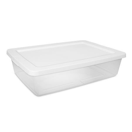 Sterilite Small Storage Bin, 28 Quart Clear Plastic Storage Container With Snap-On Lid, White