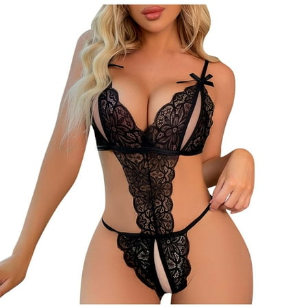 

Mikilon Ladies Fashion Sexy Lingerie Fishnets Lace Flowers Hollow Sexy Suspenders See-through Mesh Jumpsuit Womens Bras No Wire Plus Size Summer Deal