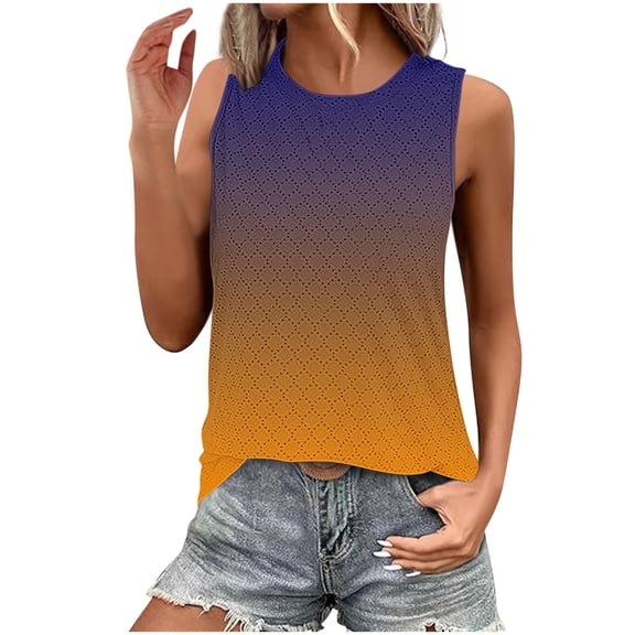 Womens Tank Tops Eyelet Loose Casual Summer Tops Crew Neck Basic Sleeveless Shirts Trendy 2026 Ombre Tie Dye Shirts