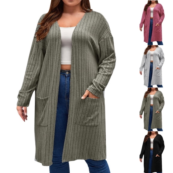 Tumotour Plus Size Long Cardigan for Women's Long Sleeve Knit Open Front Outerwear Coats Fall Sweaters Outfits with Pockets