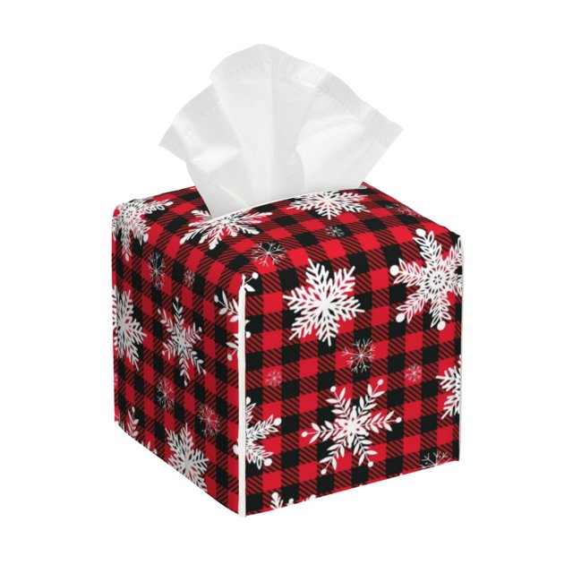 Fotbe Snowflakes On A Buffalo Plaid Christmas Porta Pañuelos Decorativo de Cuero, Caja Cuadrada Moderna para Pañuelos Faciales, Organizador y Dispensador 5x5x5''