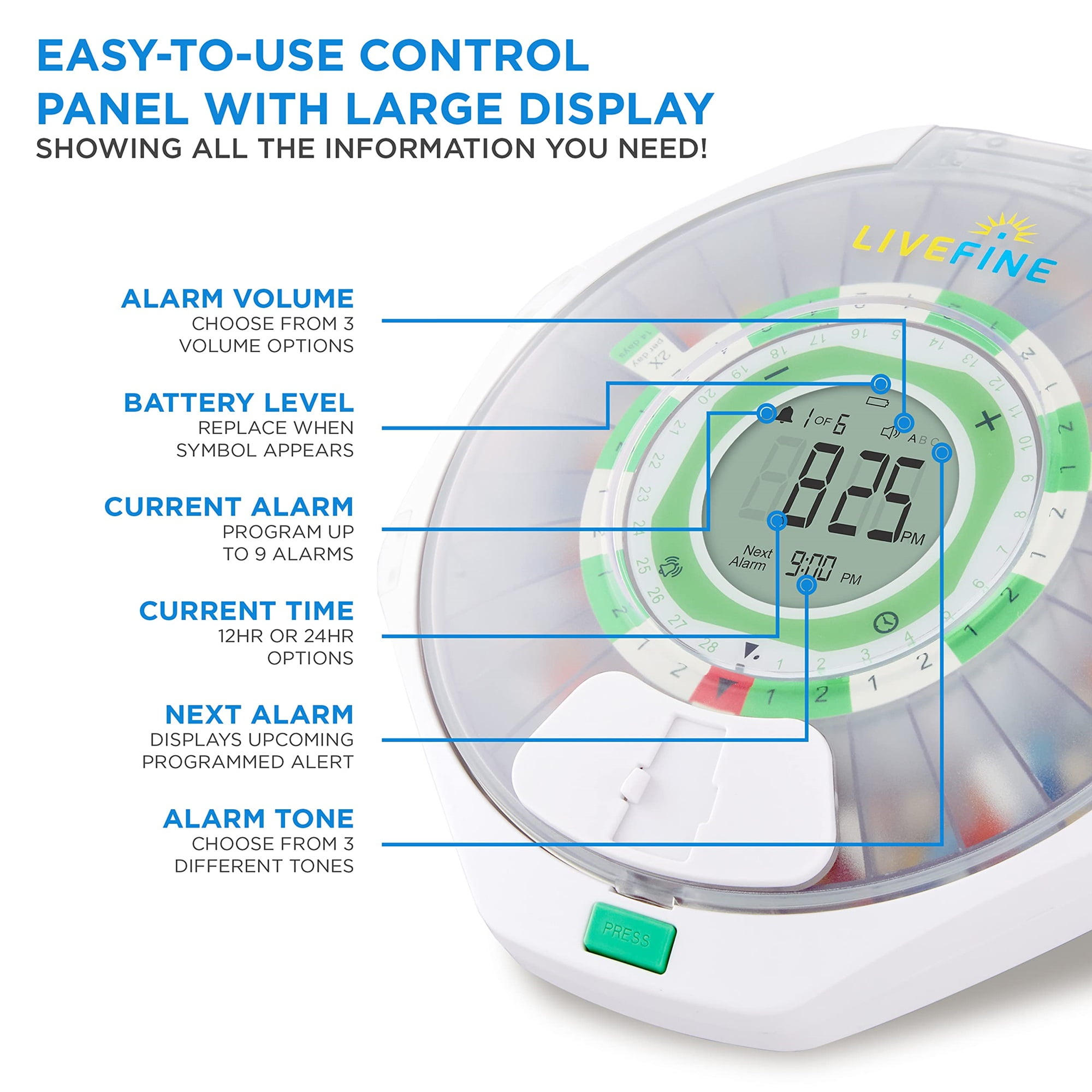 LiveFine 28-Day Automatic Pill Dispenser with Upgraded LCD Display and Key Lock - Frosted Lid