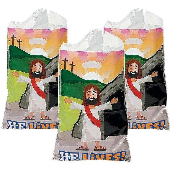 Fun Express 50 Pieces 12" x 17" Bulk Large He Lives Plastic Goody Bags, Easter Party Supplies