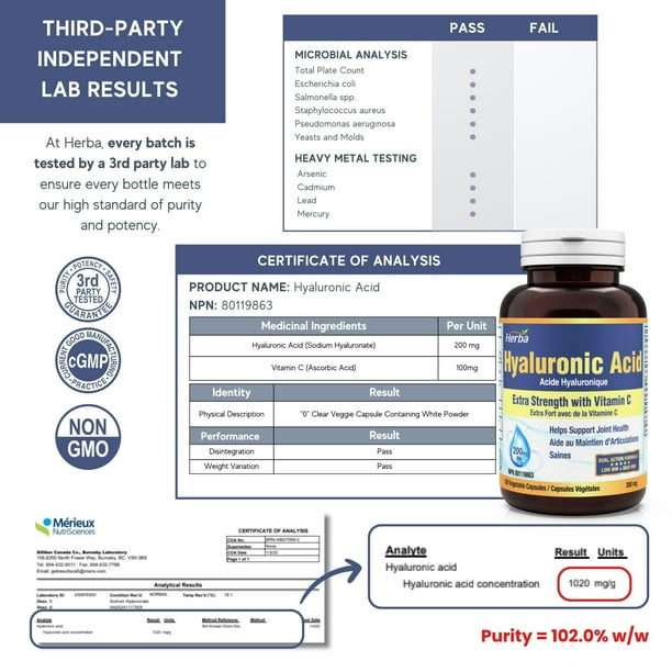 Herba Hyaluronic Acid Supplement 300mg - 100 Vegetable Capsules |  Hyaluronic Acid Capsules with Vitamin C to Support Joint and Bone Health |  Made in Canada - Walmart.ca