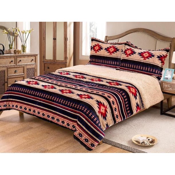 KING Blanket 3 Pc Set Sherpa Fleece Southwest Rustic Beige Aztec Design