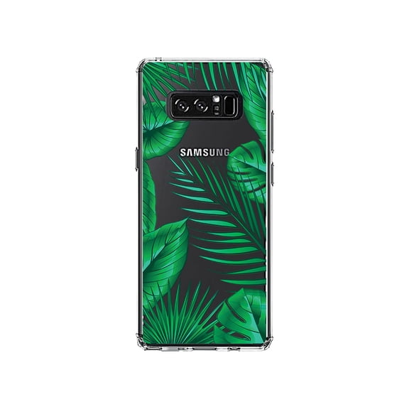 DistinctInk Clear Shockproof Hybrid Case for Samsung Galaxy Note 8 - TPU Bumper, Acrylic Back, Tempered Glass Screen Protector - Green Tropical Leaves