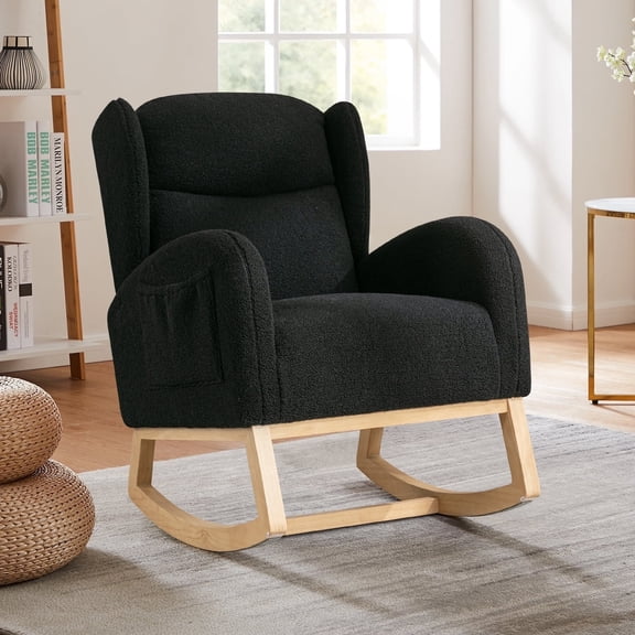FFH Rocking Chair, Nursery Rocker with Side Pocket, Teddy Black