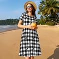 thumbnail image 4 of Fotbe Black Tartan Plaid Vestido Largo de Moda para Mujer, Vestido Tipo Camiseta con Manga Corta y Estilo Casual a Rayas y Bloques de Color, 4 of 6