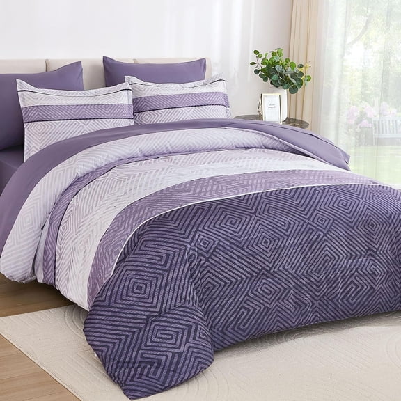 Purple Comforter Set Size 7 count Bed in a Bag, Boho Striped Bedding Set, Soft Microfiber Comforter and Sheet Set for Season (, 104"x90")