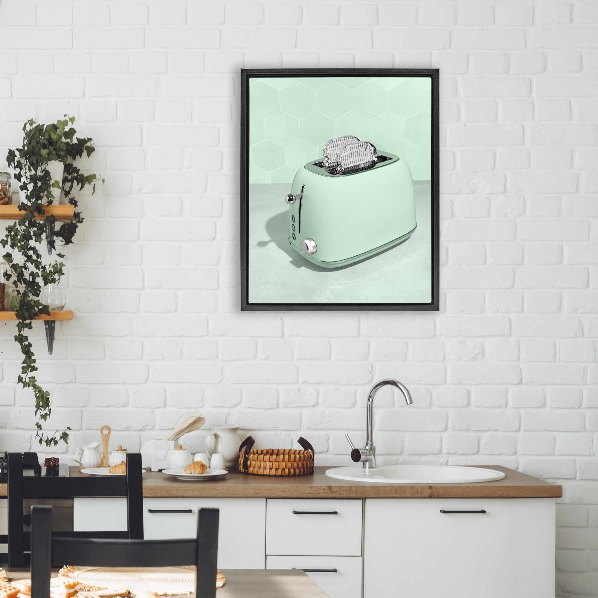 Stupell Industries Disco Toaster Over Green Black Framed Floater Canvas Wall Art, design by LISH Creative