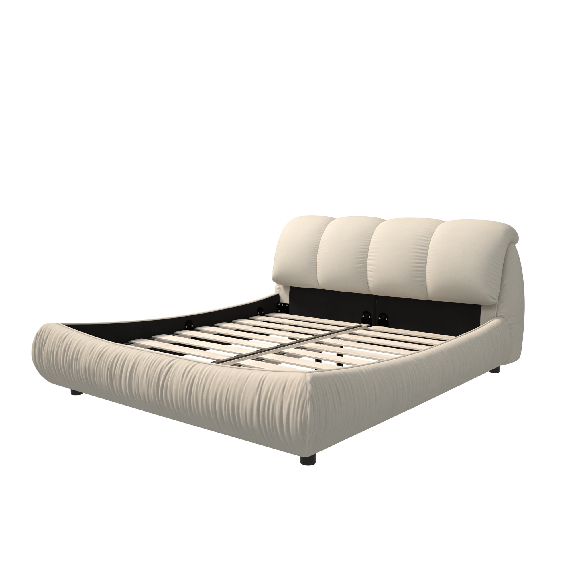 King Size Upholstered Platform Bed with Oversized Padded Backrest, Luxury Low Profile Bed with Solid Wood Frame and Slats Support for Bedroom