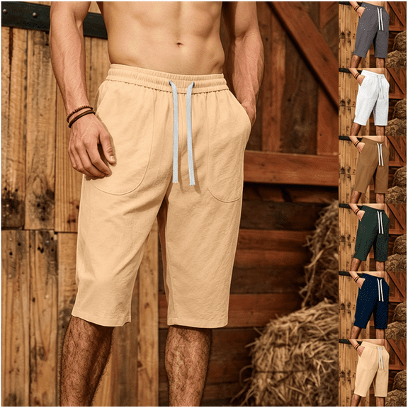 Mens Casual Soft Cotton Linen Long Shorts Knee Below Sport Running Lounge Work Shorts Capri Pant Size 2XL Beige