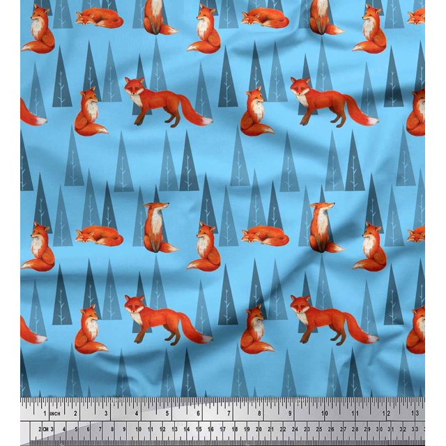Soimoi Blue Modal Satin Fabric Artistic Tree & Wolf Animal Print Sewing Fabric Yard 42 Inch Wide