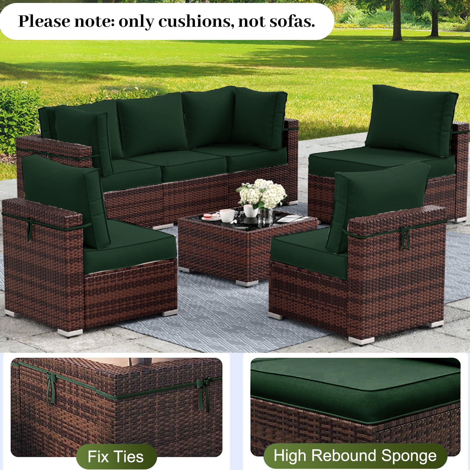 PUKNLY Outdoor Furniture Replacement Cushions, Fits 6-seat Sectional Rattan Conversation Set, 14 Piece Patio Water-Resistant Replacement Sofa Cushions, Liner&Cover（Dark Green）