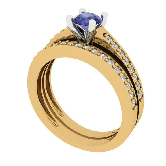 Clara Pucci 18K Yellow/White Gold 0.86 Simulated Tanzanite Engraveable Engagement Ring Wedding Band Set