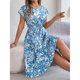 thumbnail image 4 of Vestido Corto de Verano Elegante Estampado Cintura Grande Doblado Plisado, Cuello en V de la Mitad de la Manga para el Uso Diario, de Primavera Y Casual, 4 of 5