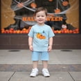 thumbnail image 2 of Likimi Toddler Kids Boys Two Piece Outfit Short Sleeve Halloween Pumpkin Print Crew Neck Tops With Shorts Summer Fashion Outfit Set Sky Blue Size 3-4 Years, 2 of 8